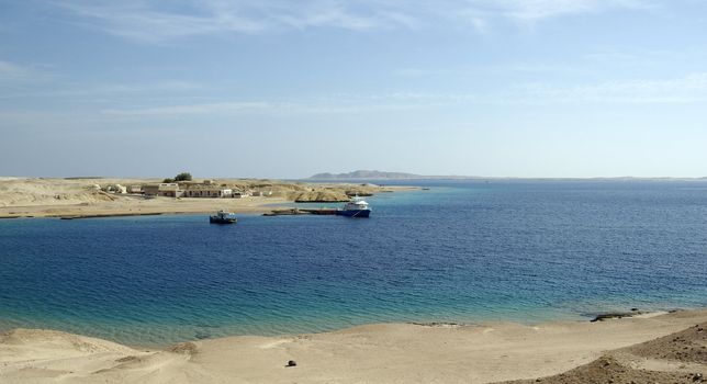 Ships in bay. Beatiful seascape in egyptian desert. Red sea, Egypt, Africa.