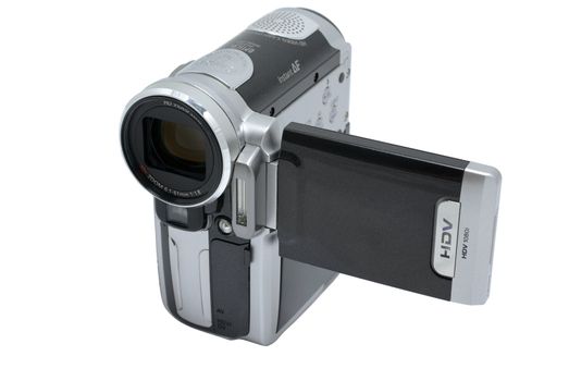 Small HDV video camera for wide format isolated on white background.