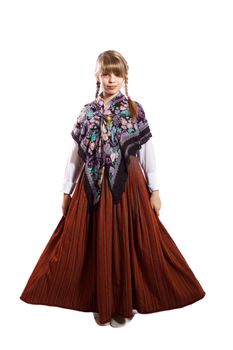 Latvian girl in national costume on a white background