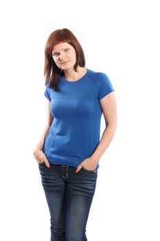 serious woman in blue t-shirt on a white background