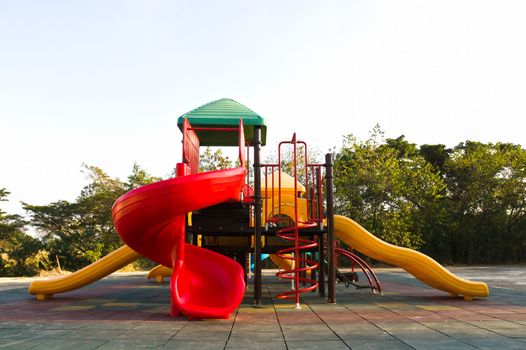 An image of a colorful children playground, without children