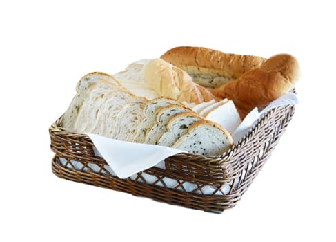 Arrangement of bread in basket on table