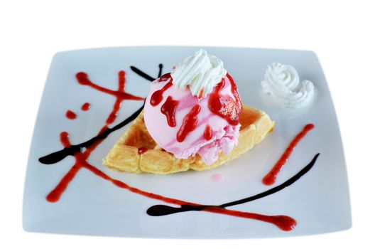 Waffle and whipping cream with strawberry ice cream