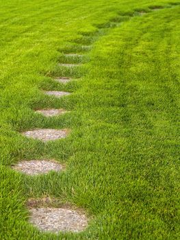 Stone path through a green grassy lawn background