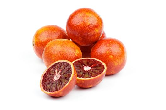 Heap of Perfect Blood Oranges Full Body and Half of isolated on white background