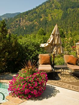 Two Empty Lounge Chairs in a Garden Setting