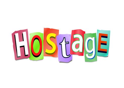 Illustration depicting cutout printed letters arranged to form the word hostage.