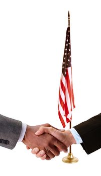 hand shake and American flag