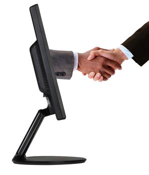 Businessmen shaking hands out of TV screen