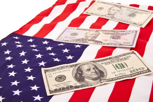 dollars on american flag