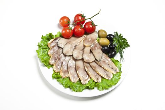 slices smoked fish and vegetables