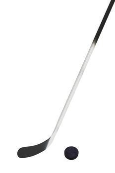 hockey stick and puck close up on white background
