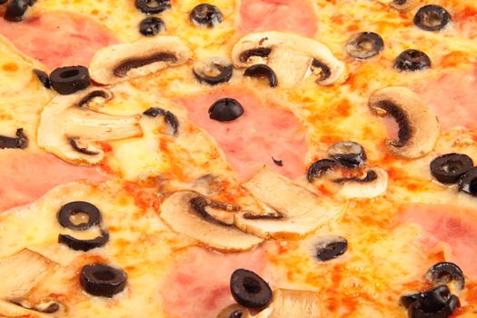 Pizza with olives and mushrooms background