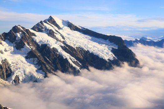 Mountain Cook Peak with mist landscape from Helicopter, New Zealand