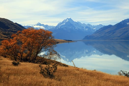 landscape of mountain Cook, the highest mountain in New Zealand,  with its reflection.