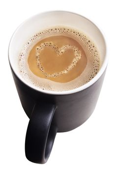 isolated coffee mug, with heart shaped foam on surface of coffee, For romantic concepts.