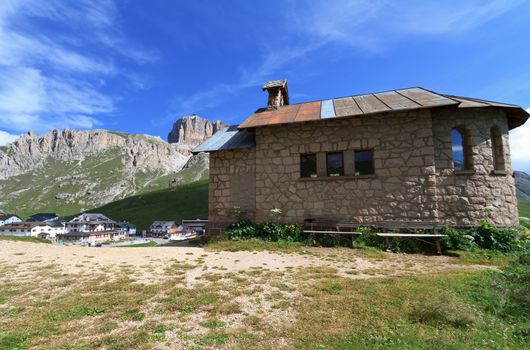 chapel in Pordoi pass between Arabba and Canazei, Italian Dolomites