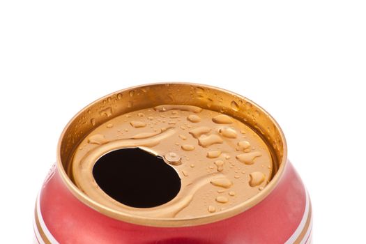Red aluminum can closeup with water drops