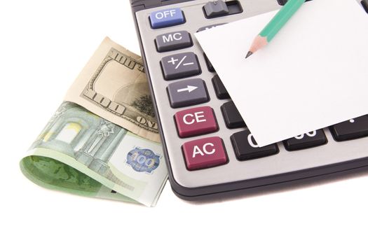 Calculator, money, pen