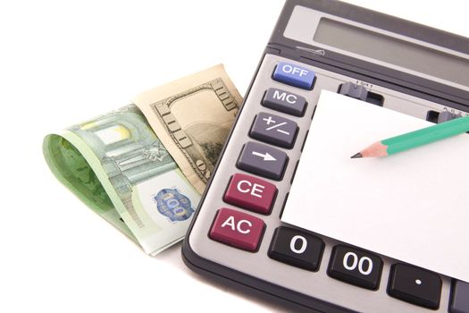 Calculator, money, pen