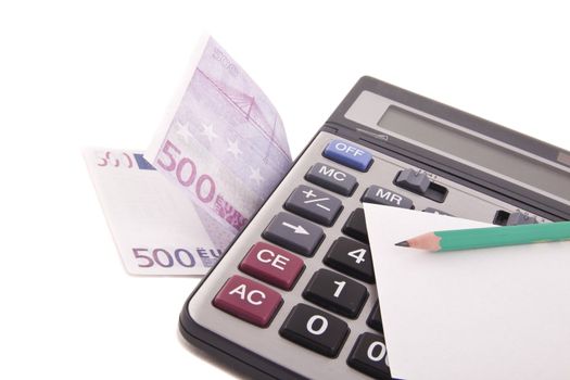 Calculator, money, pen