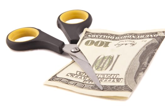 Scissors cuts one american dollar note isolated