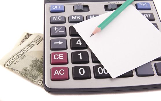 Calculator, money, pen