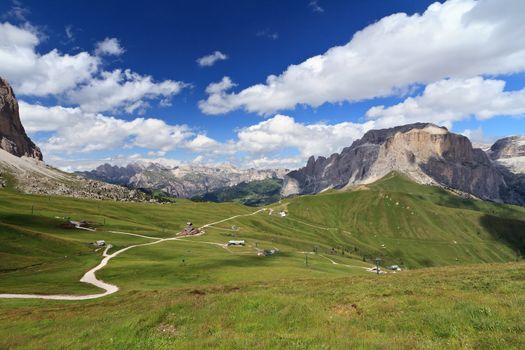summer view of Sella pass between Fassa and Gardena valley, Italian Dolomites