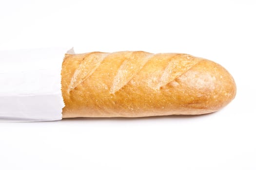 french baguette in the paper bag isolated on white