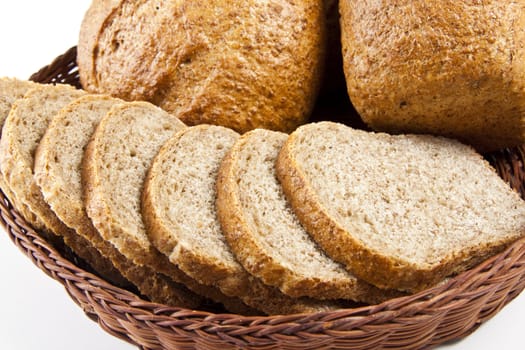 bread with slices in basket close-up