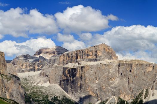 summer landscape of Sella group Dolomites with Piz Boè peak, Trentino, Italy