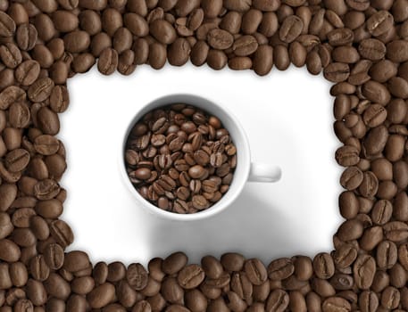 Coffee cup and grain on white background