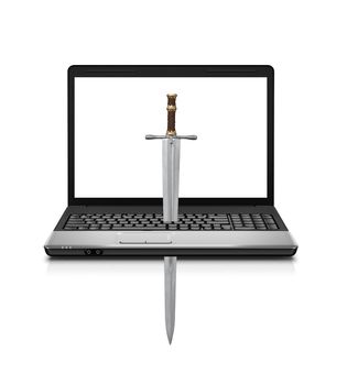 sword pierces a laptop