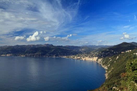 aerial view of Golfo Paradiso with Camogli village, Liguria, Italy