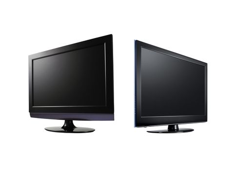 two LCD high definition flat screen TV against white background