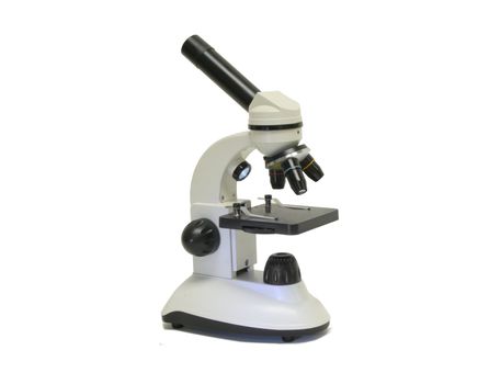Grey microscope on white background close up