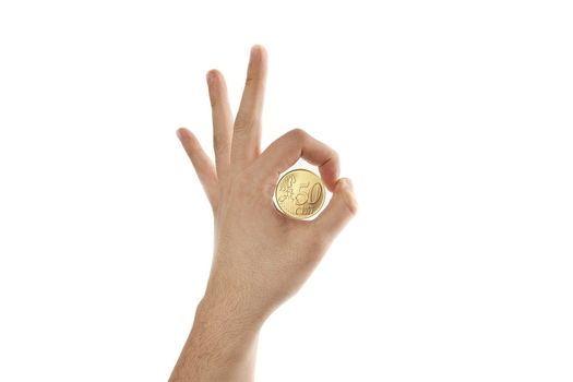 Hand ok sign and 50 cent coin