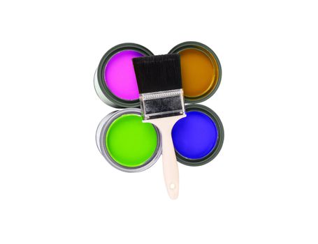 four colorful paint cans with paintbrush