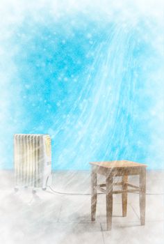 Empty room with heating electric radiator and wooden chair. Wind and falling snow from all sides. Natural disaster, energy saving, economy crisis of poverty concept.