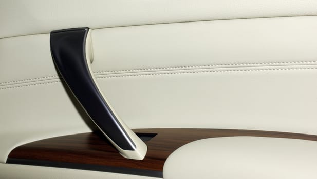 High quality interior of modern car. Door made of leather, wood and aluminium. Background or backdrop.