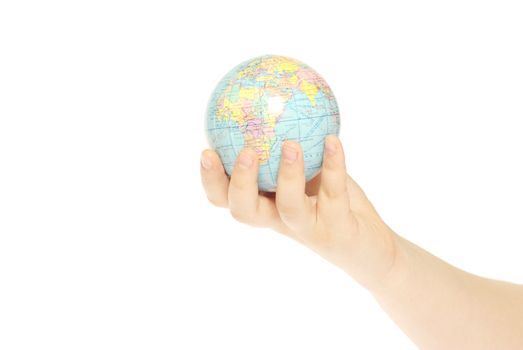 Hand holdings a globe on a white