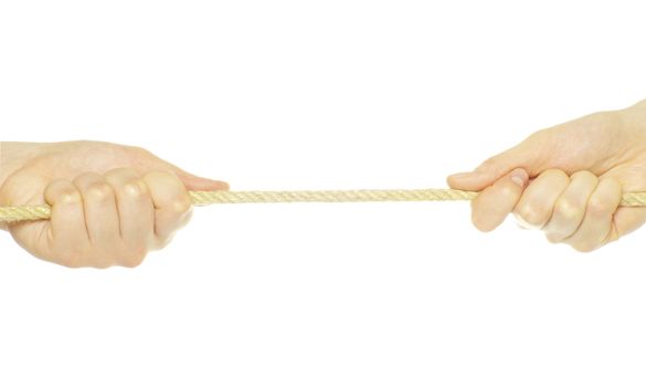 Hands and rope isolated on white background
