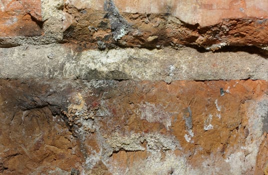 Old concrete wall made of bricks close up photo. Abstract grunge backgrond.