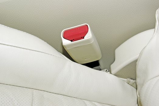 Close up photo of seat belt press button. Interior of modern japanese car.