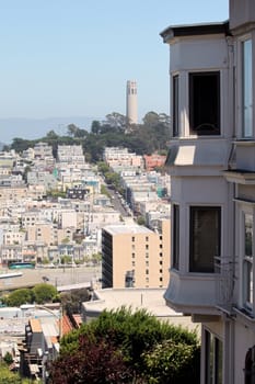 Coit Tower viewed from Lombard Street in San Francisco, California