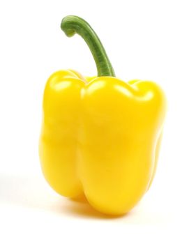 Yellow bellpepper with green stem isolated on white background.