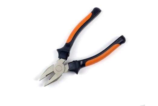 Orange and black pliers isolated on white background with shadow.