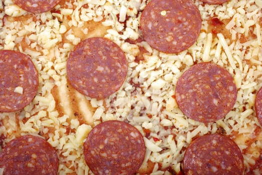 Pizza with cheese and sausage as background or backdrop.