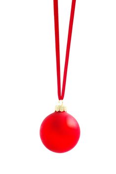 Christmas ball hanging with ribbons on white background