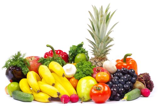 Fresh fruits and vegetables isolated on white